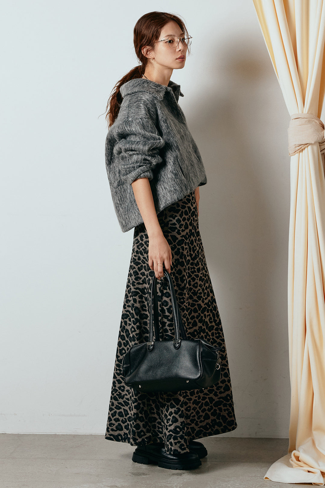 [SET]シャギーショートジャケット+レオパードロングスカート(2set)