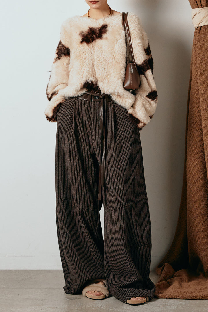 [SET]タイダイ柄シャギーニットトップス+レザーライク配色ストライプパンツ(2set)