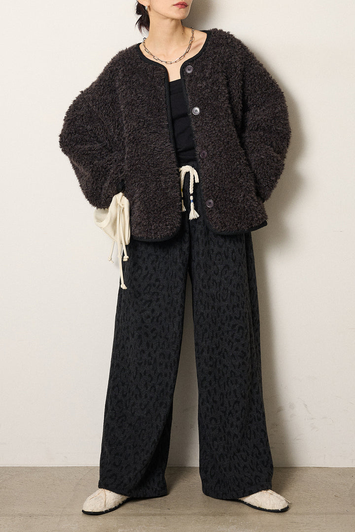 [SET]ノーカラー裏地レオパードボアアウター+レオパードジャガードニットパンツ(2set)