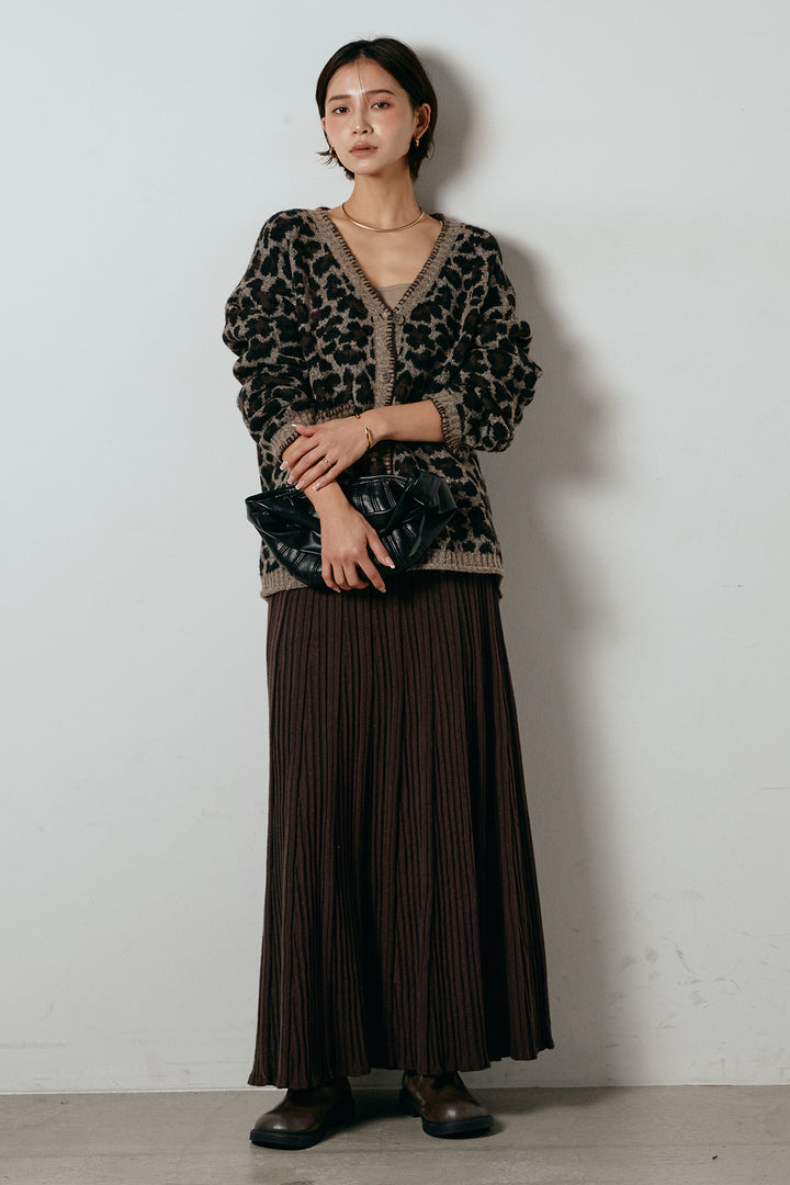[SET]ステッチデザインレオパードニットカーディガン+リブニットフレアスカート(2set)
