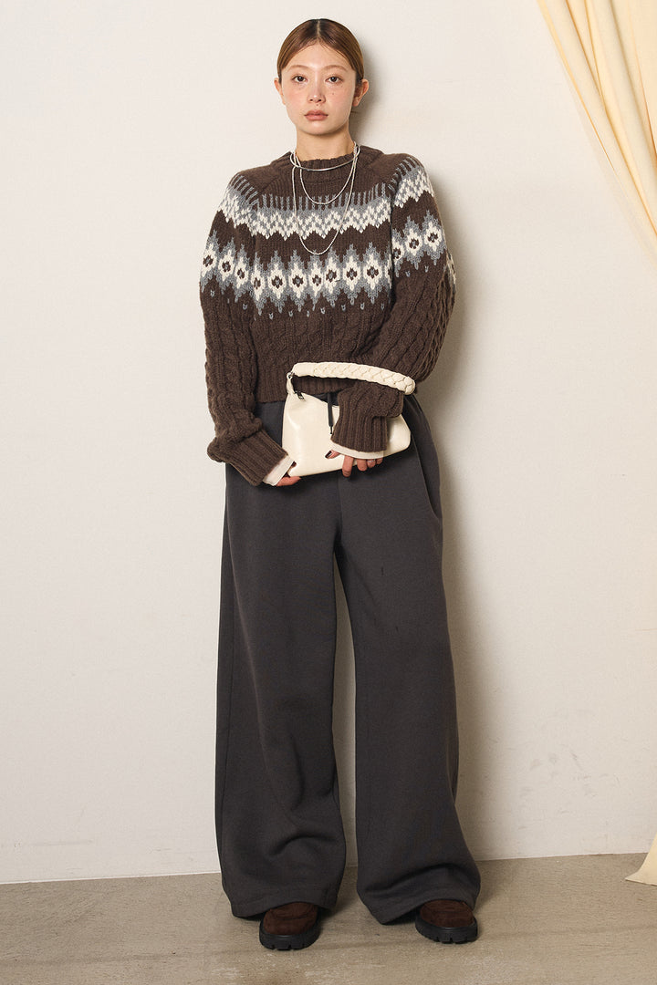 [SET]2WAY求心柄ジャガードショートカーディガン+裏起毛スウェットワイドパンツ(2set)