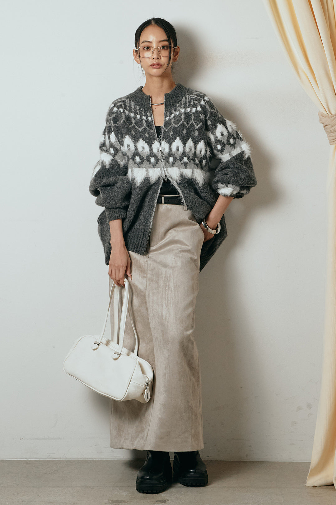 [SET]起毛ダブルジップパターンニットカーディガン+エコスウェードワイドスカート(2set)