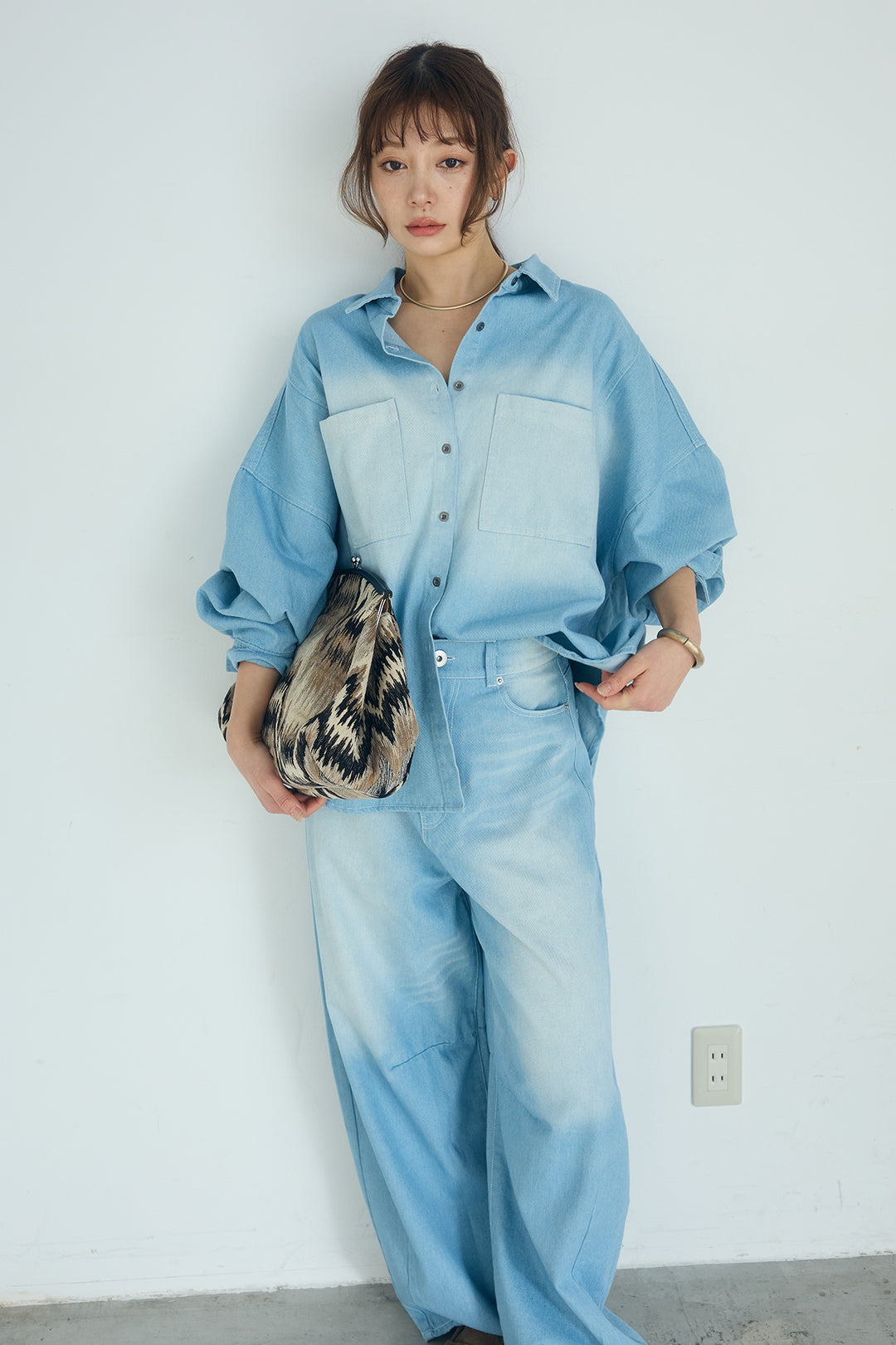 [SET]ヴィンテージ加工デニムオーバーシャツ+ヴィンテージ加工デニムワイドパンツ(2set)