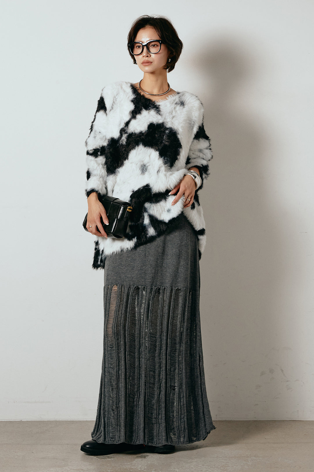 [SET]タイダイ柄シャギーニットトップス+裾シアーリブスカート(2set)