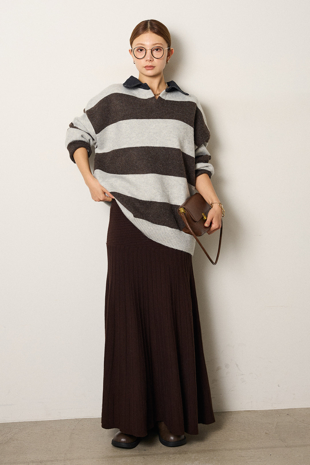 [SET]デニムカラーボーダールーズニット+編み地切り替えフレアニットスカート(2set)