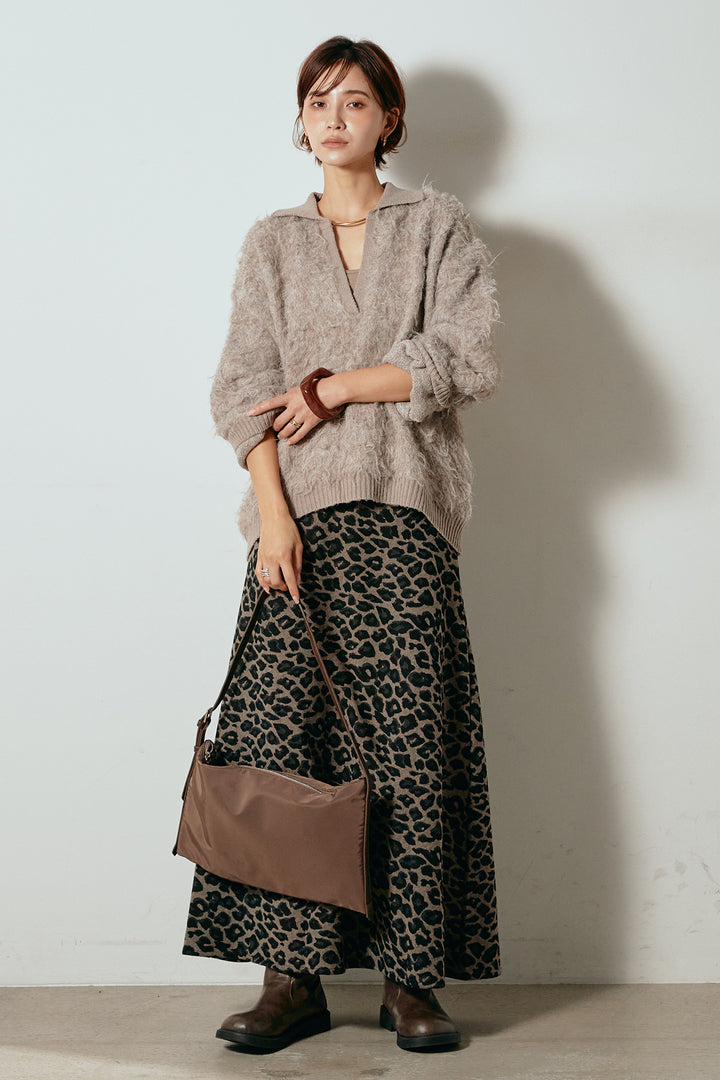 [SET]襟付きシャギーニットポロトップス+レオパードロングスカート(2set)