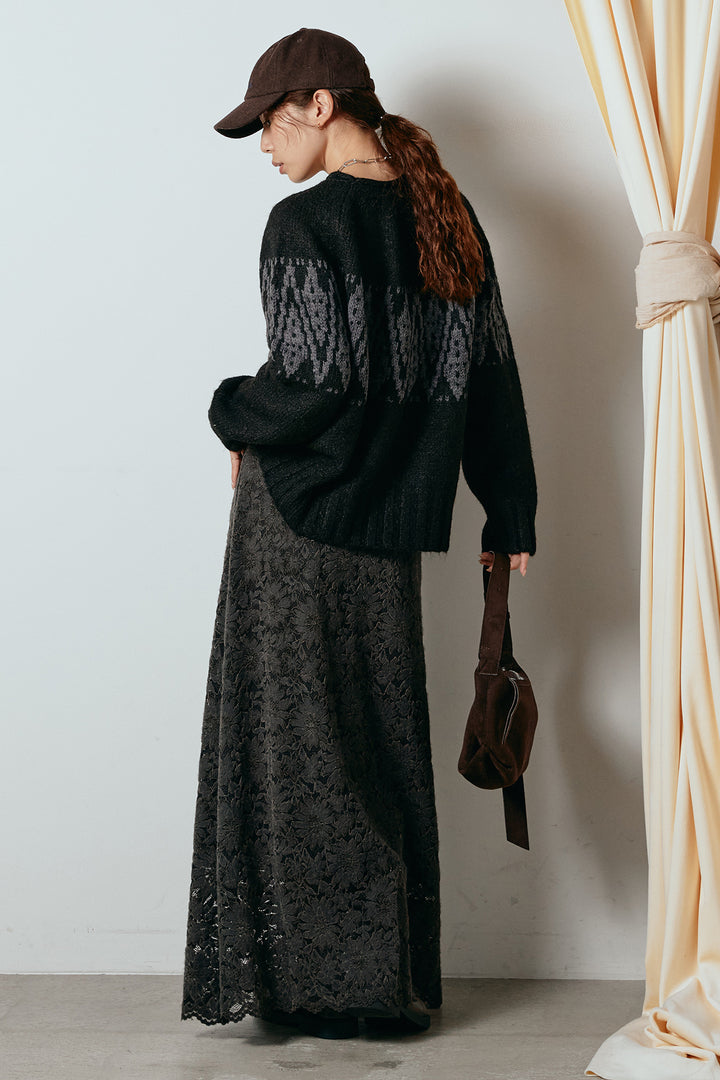 [SET]モノトーン柄ニットトップス+花柄刺繍ベロアフレアスカート(2set)