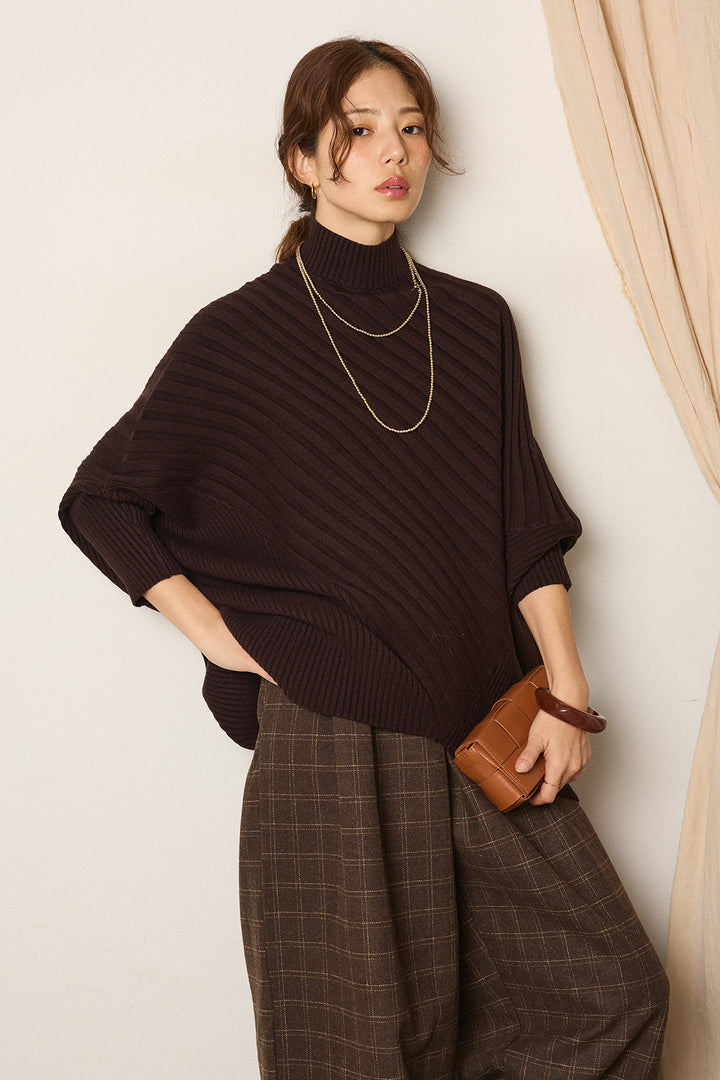 [SET]アシメデザインリブポンチョニットトップス+ウールライクチェックタックパンツ(2set)
