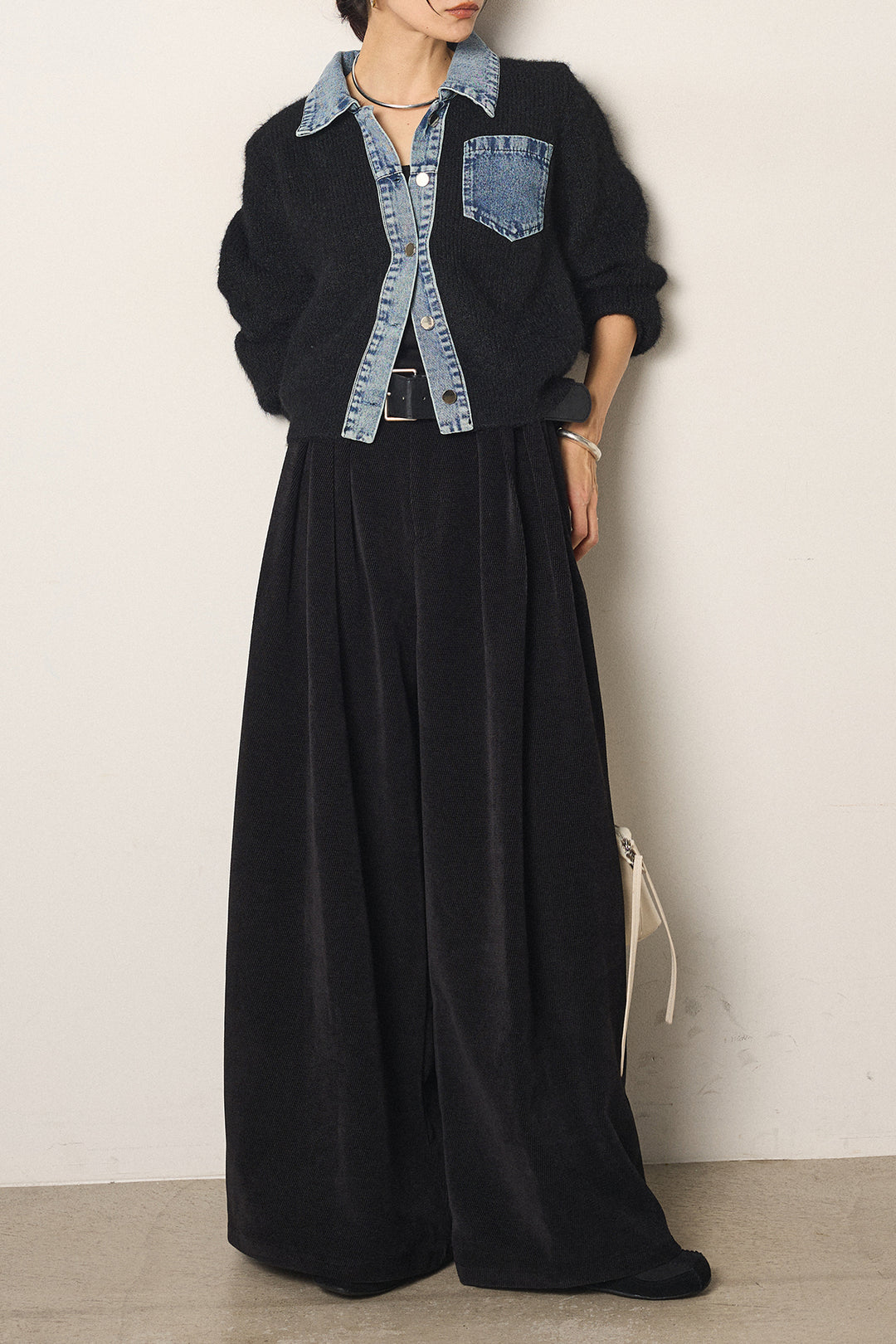 [SET]襟付きデニム切替ニットカーディガン+ベルトループコーデュロイワイドパンツ(2set)