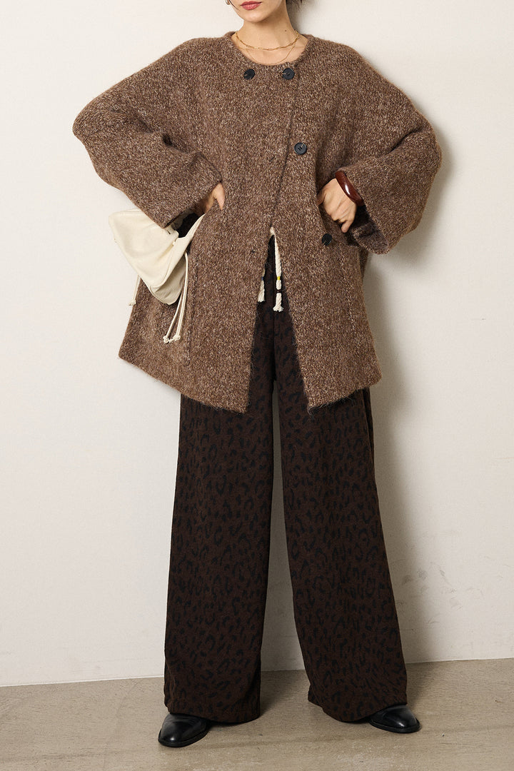 [SET]アシンメトリーボタンニットカーディガン+レオパードジャガードニットパンツ(2set)
