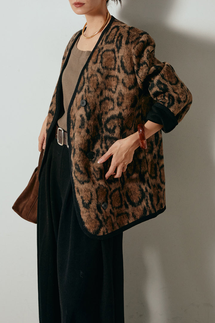 [SET]ノーカラーレオパード柄アウター+フェイクレザー太ベルト付きタックワイドパンツ(2set)