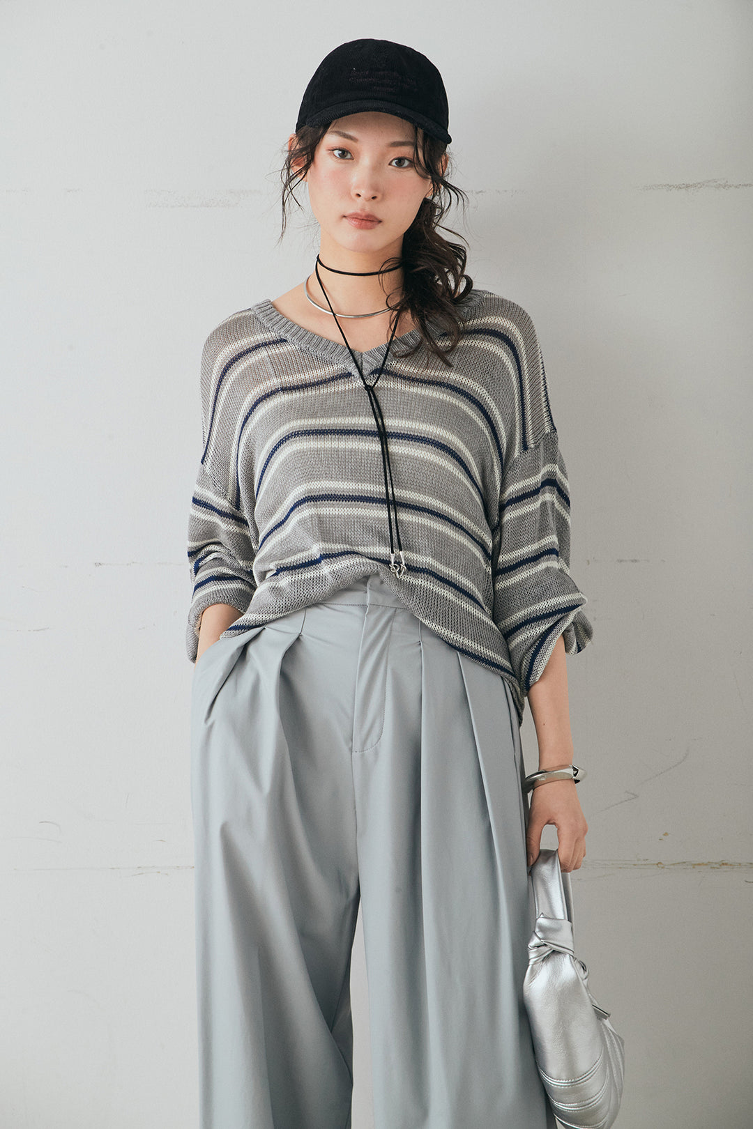 [SET]綿タッチVネックボーダートップス+ウォッシャブルエコレザータックパンツ(2set)