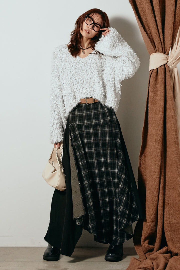 [SET]深Vネックチョウチョヤーンニットトップス+フェイクレザーベルト付き切り替えタータンチェックスカート(2set)