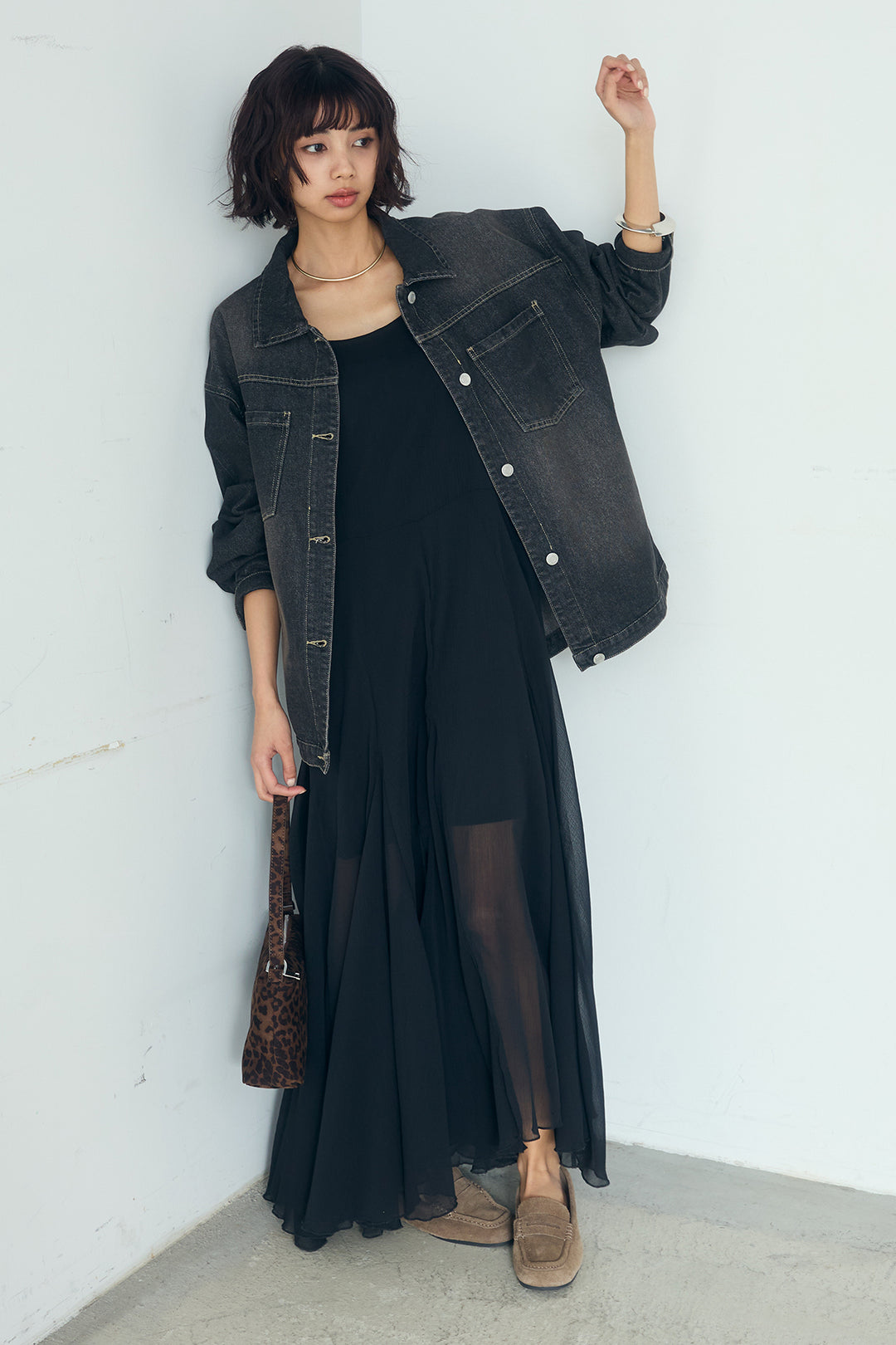 [SET]デニムオーバーサイズジャケット+シアーフリルキャミワンピース(2set)