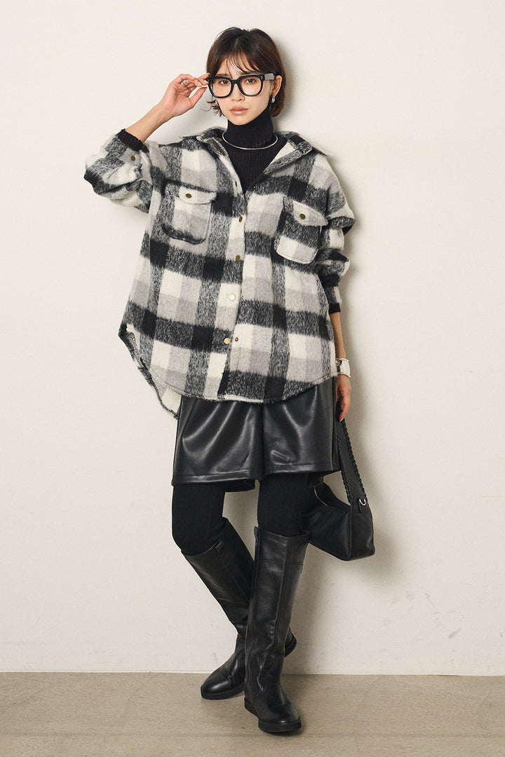 [SET]起毛チェック柄ポケットアウター+ストレッチエコレザーバミューダパンツ+リブニットシームレスタートルプルオーバー(3set)