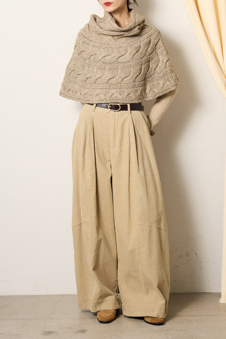 [SET]ケーブル編みケープレイヤードニット+タック入りコーデュロイワイドパンツ(2set)