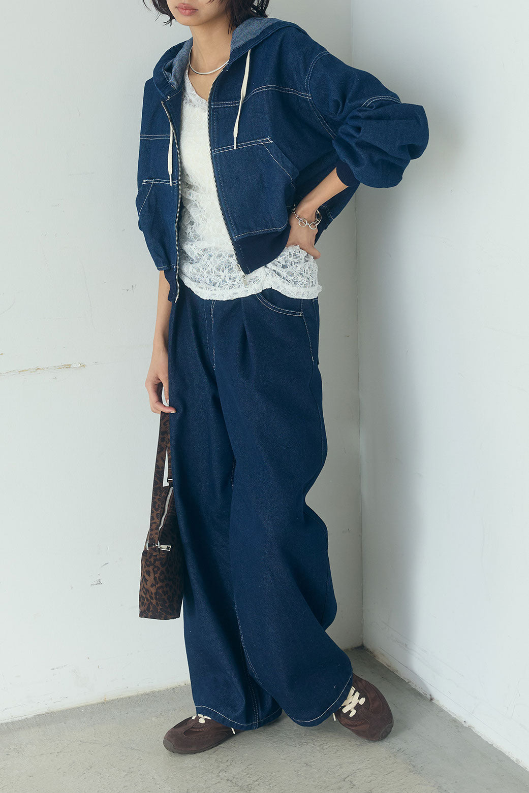 [SET]デニムダブルジップパーカーブルゾン+デニムタックカーブパンツ(2set)