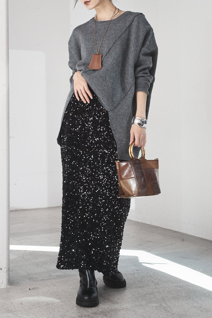 [SET]アシンメトリーデザインニットトップス+スパンコールニットワイドスカート(2set)