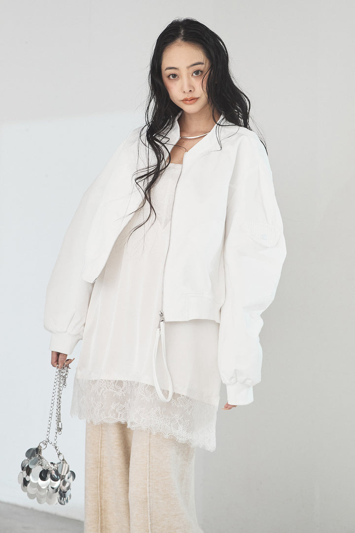 [SET]袖ギャザーデザインブルゾン+レース切り替えキャミソール(2set)