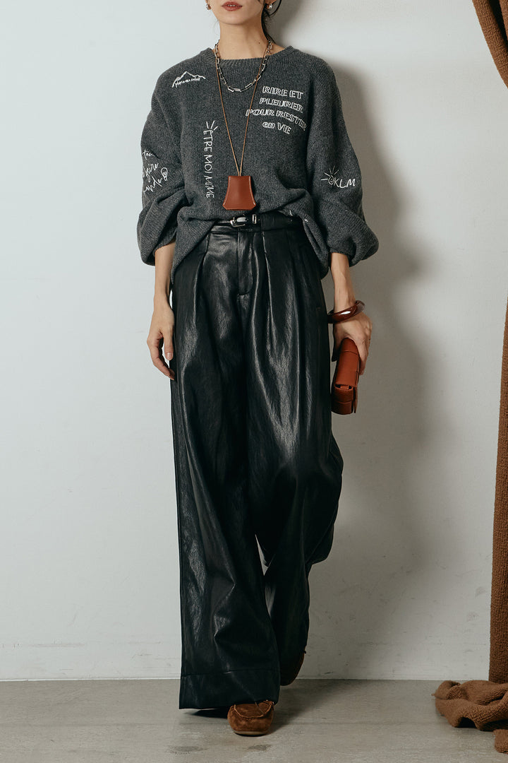 [SET]刺繍ロゴランダムデザインニットトップス+ベルト付きレザーライクタックパンツ(2set)