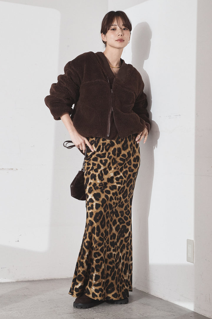 [SET]ノーカラーリブボアアウター+レオパードサテンナロースカート(2set)