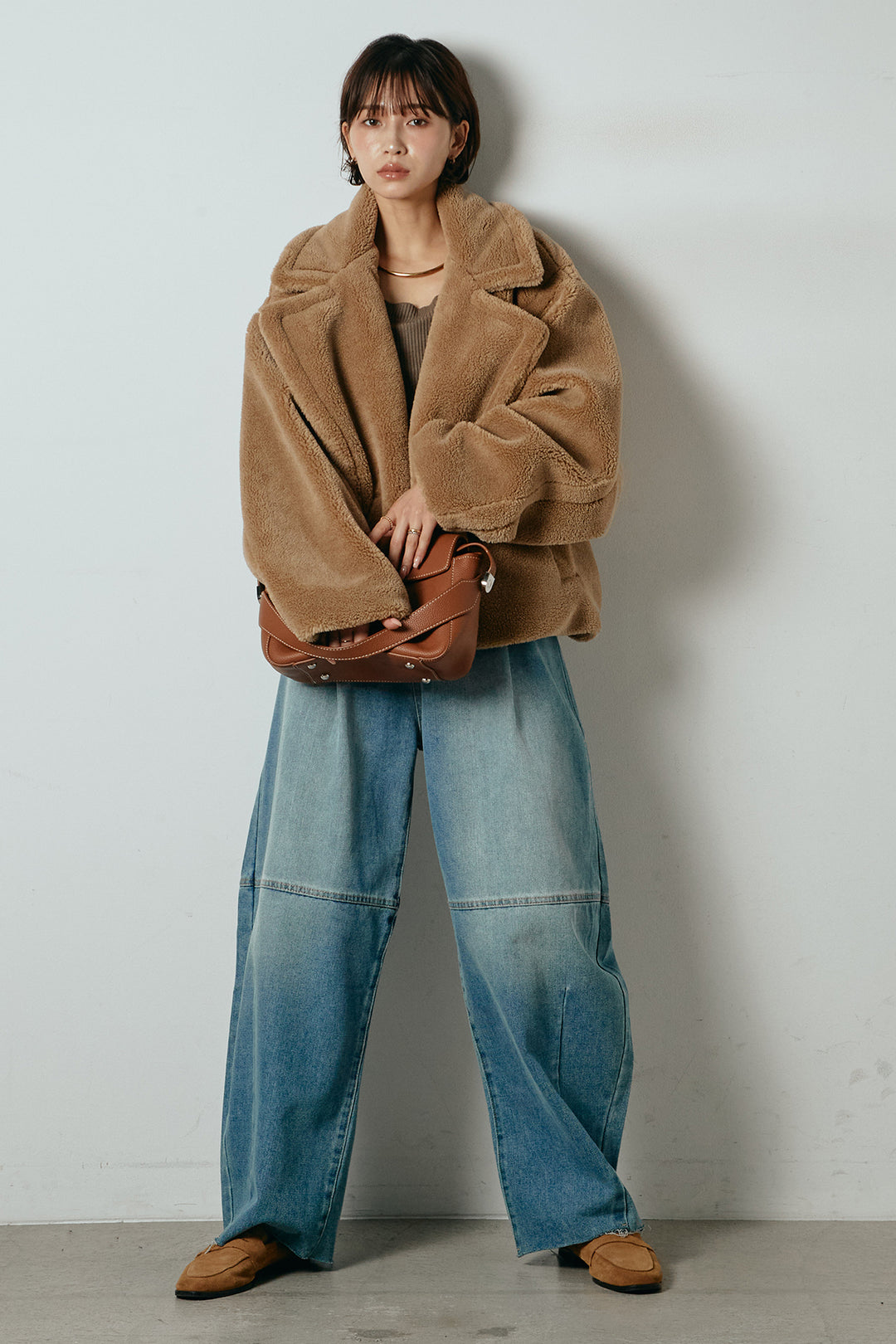 【2月中旬発送】
[SET]テディボアショートジャケット+加工デニムタックコクーンワイドパンツ(2set)