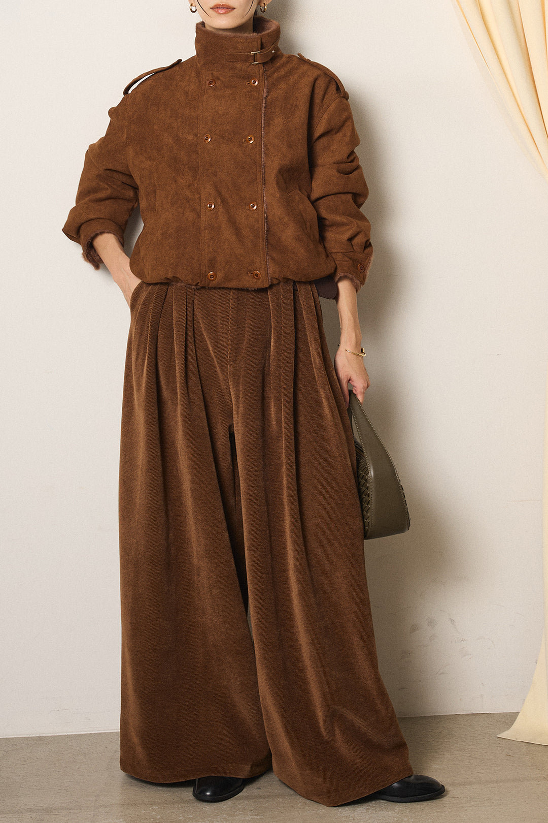 [SET]スタンド襟スウェードライクアウター+ベルトループコーデュロイワイドパンツ(2set)