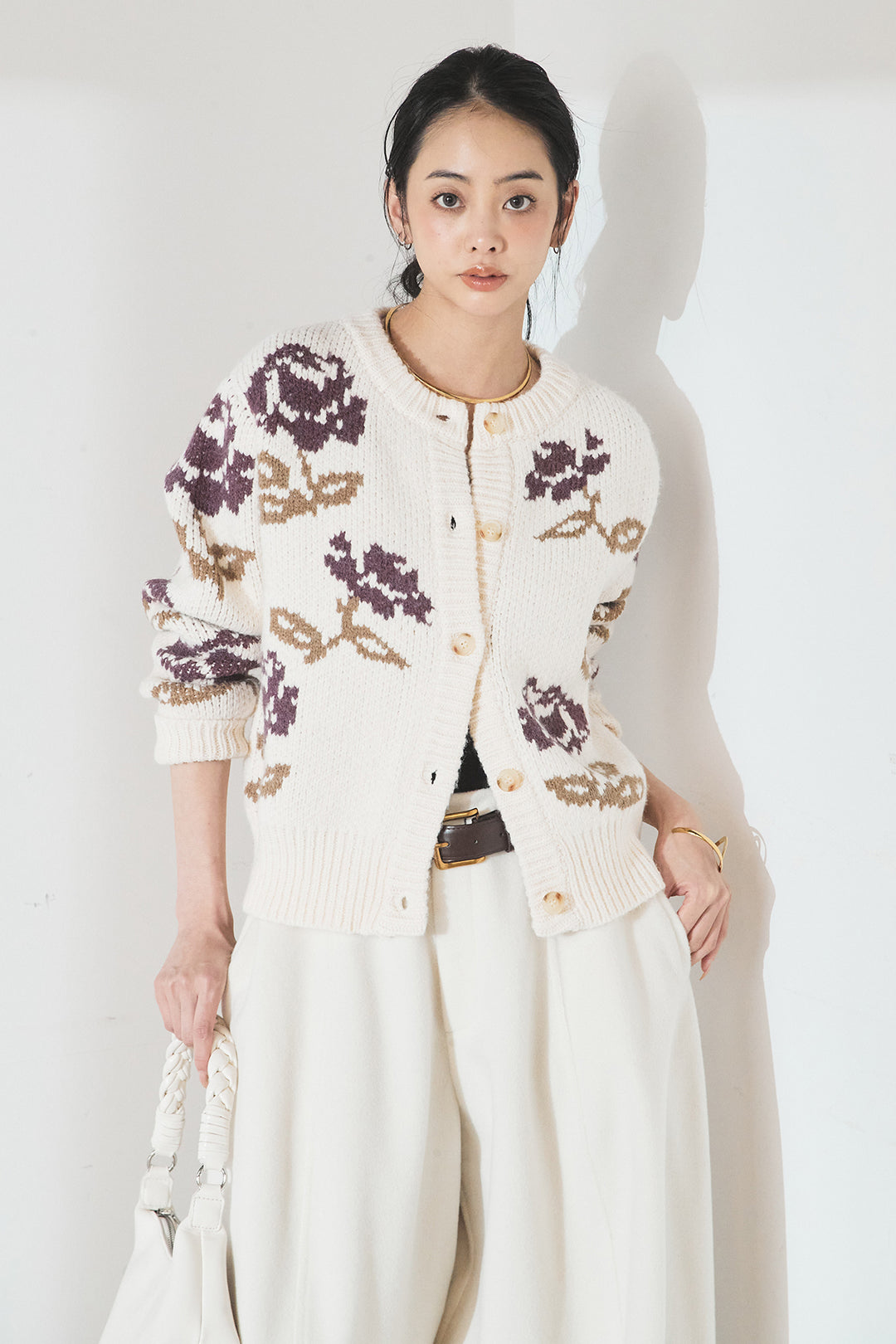 [SET]花柄ジャガードニットカーディガン+ウールタッチカーブワイドパンツ(2set)