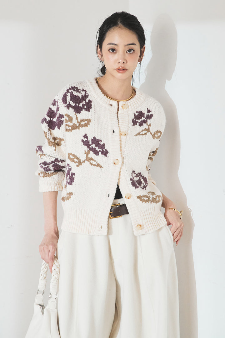 [SET]花柄ジャガードニットカーディガン+ウールタッチカーブワイドパンツ(2set)