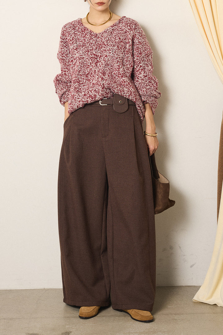 [SET]Vネックミックス編みニットトップス+ポーチベルト付きカーブパンツ(2set)