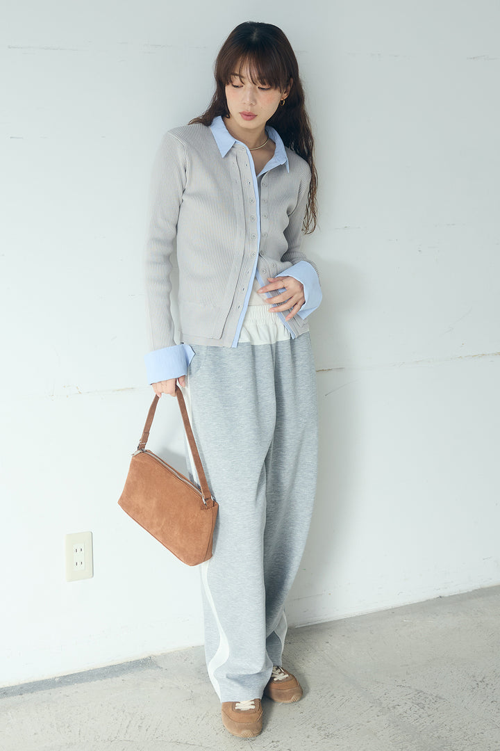 [SET]シャツドッキングボタンニットカーディガン+異素材切り替えスウェットパンツ(2set)