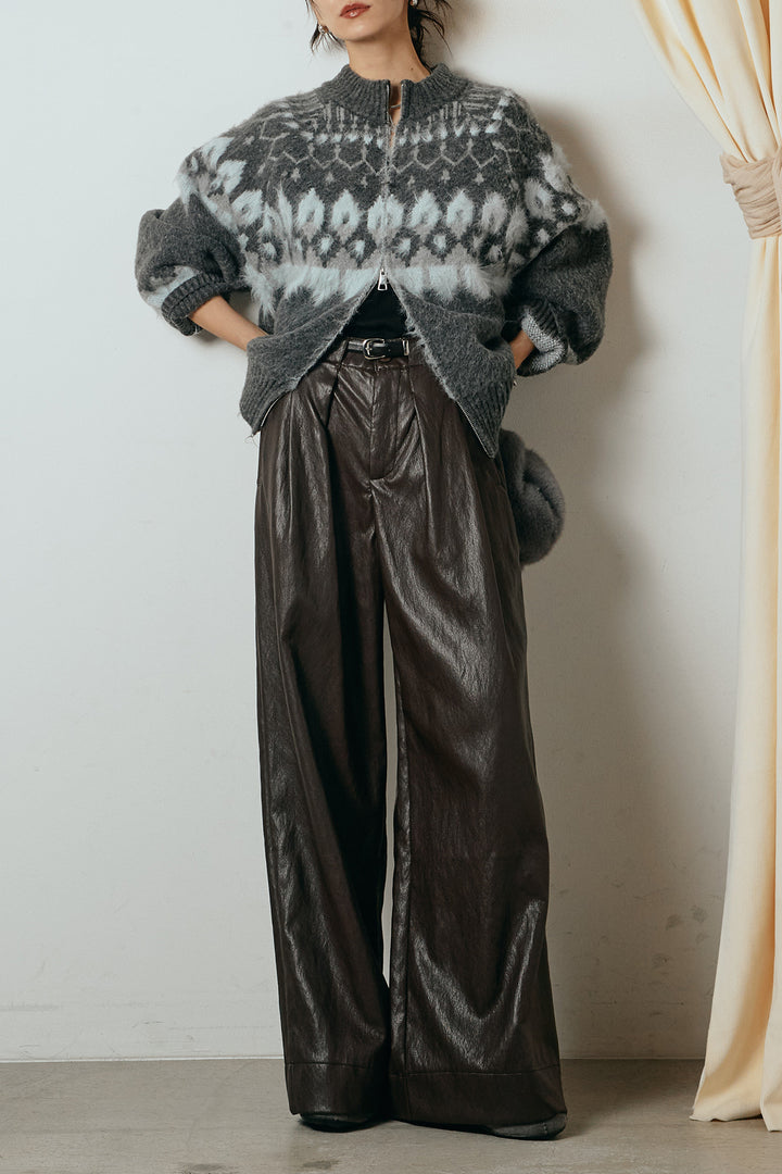 [SET]起毛ダブルジップパターンニットカーディガン+ベルト付きレザーライクタックパンツ(2set)