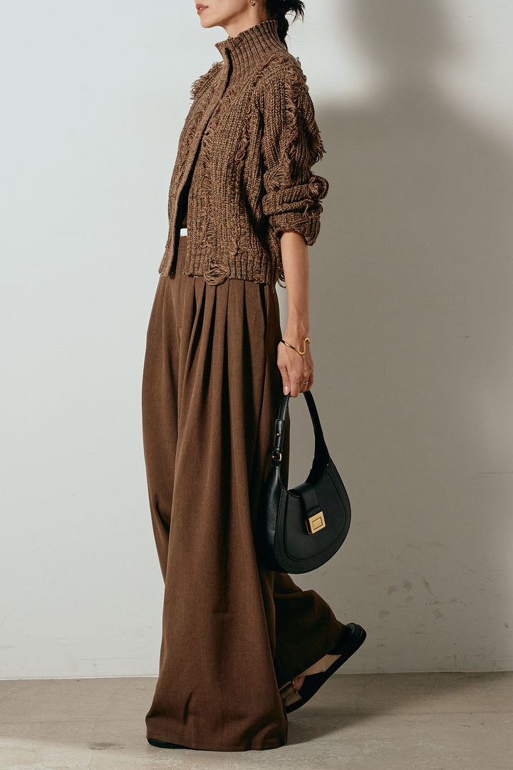 [SET]ハイネックフリンジジップニットトップス+ウエストステッチデザインワイドスラックス(2set)