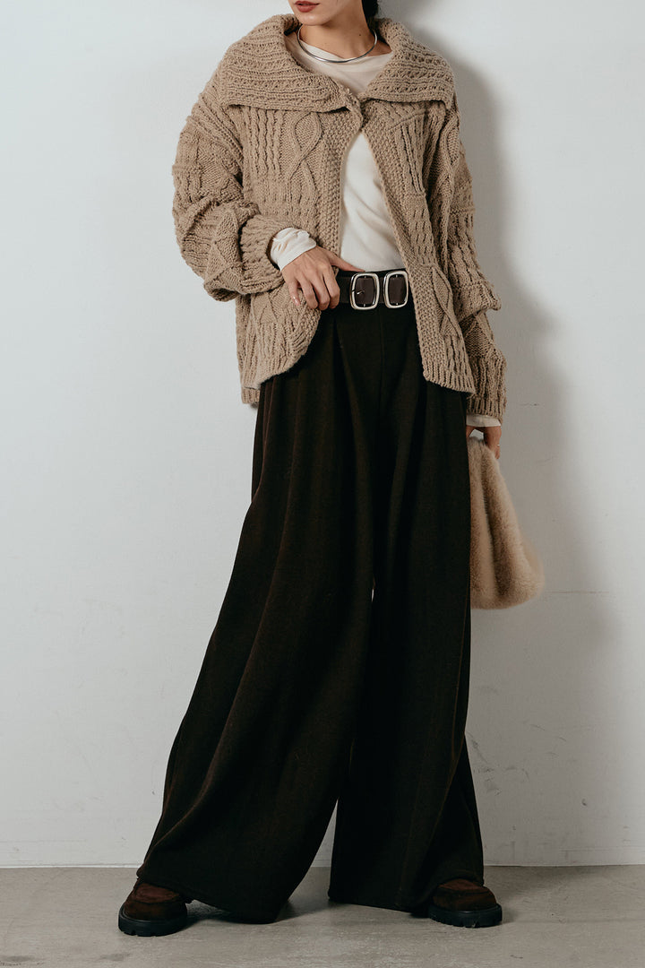 [SET]ビッグカラーケーブル編みニットトップス+2WAY袖コード刺繍クルーネックプルオーバー(2set)