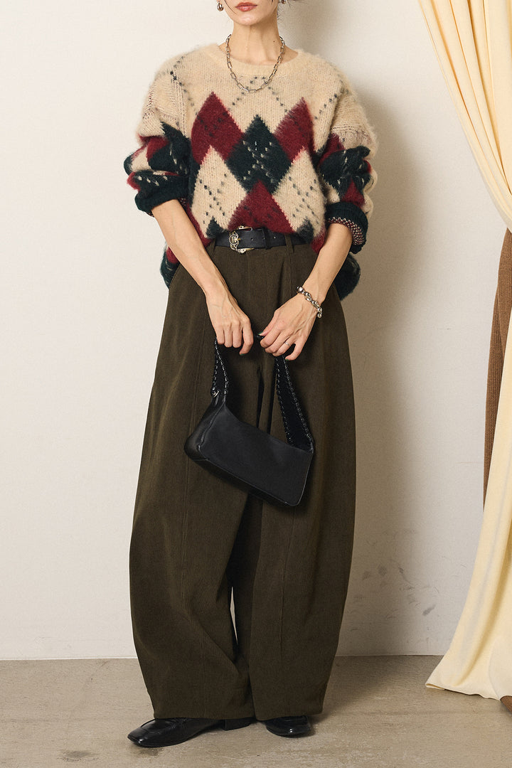 [SET]配色アーガイル柄ニットトップス+ベルト付きコーデュロイワイドパンツ(2set)