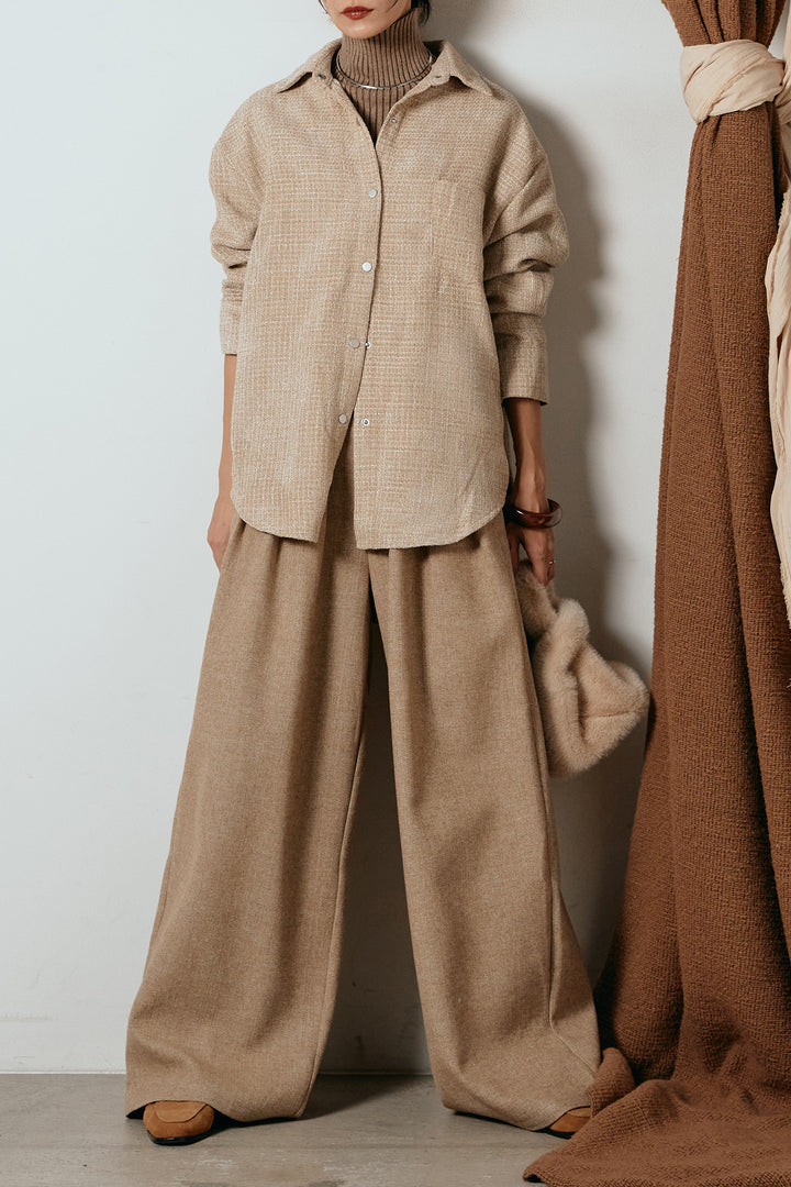 [SET]ルーズクラッシュツイルシャツ+サイドボタンツイードタックパンツ(2set)