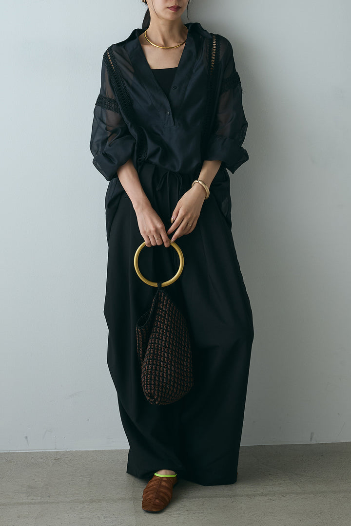 [SET]襟付き深Vネック刺繍シアーシャツ+ランダムタック入りワイドパンツ(2set)