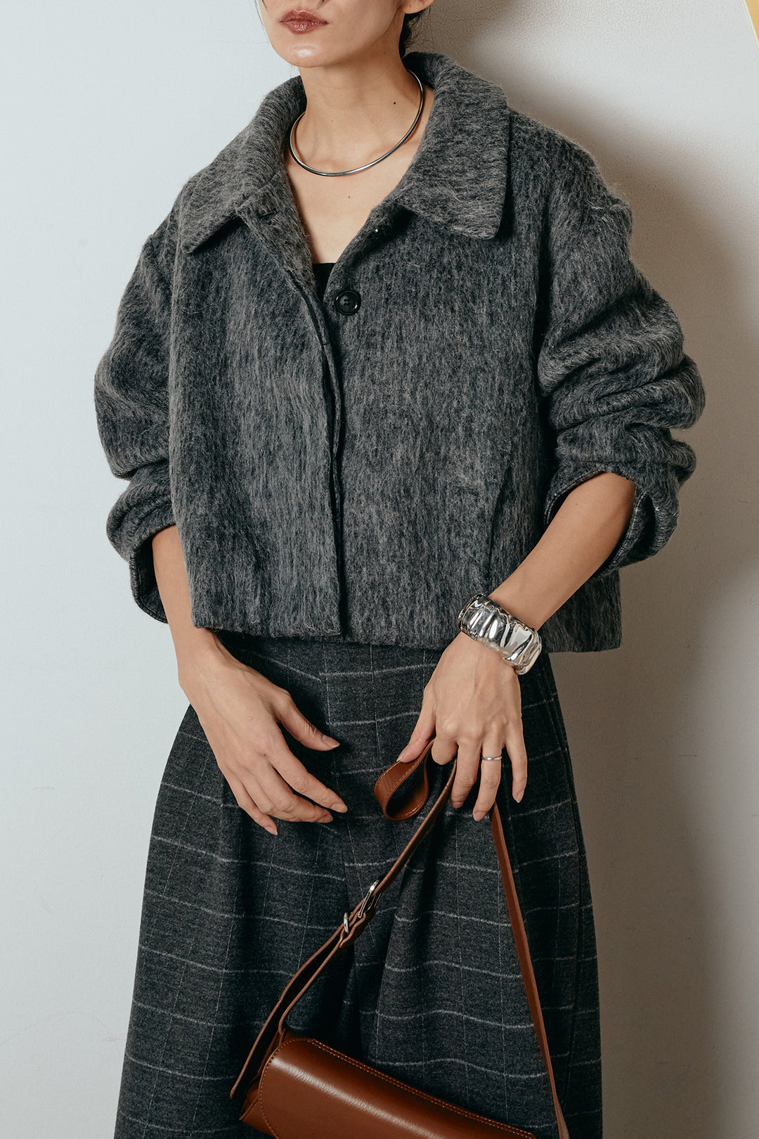 [SET]シャギーショートジャケット+スクエアチェック柄ワイドパンツ(2set)