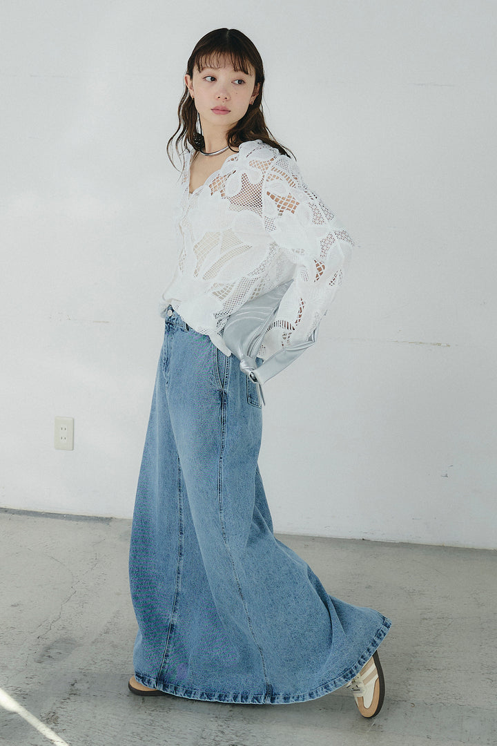 [SET]フラワー刺繍レースブラウス+デニムロングフレアスカート(2set)