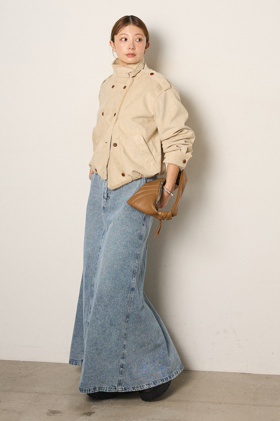 [SET]スタンド襟スウェードライクアウター+デニムロングフレアスカート(2set)