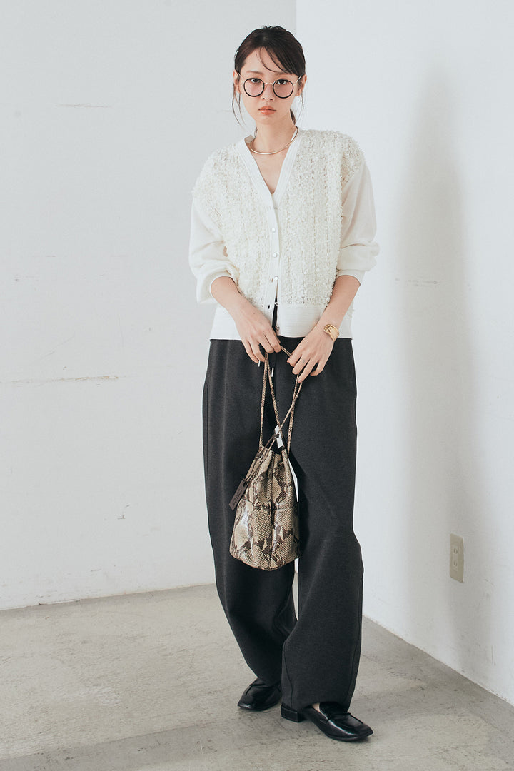 [SET]モコレースVネックカーディガン+カットダンボールウエストフリルカーブパンツ(2set)