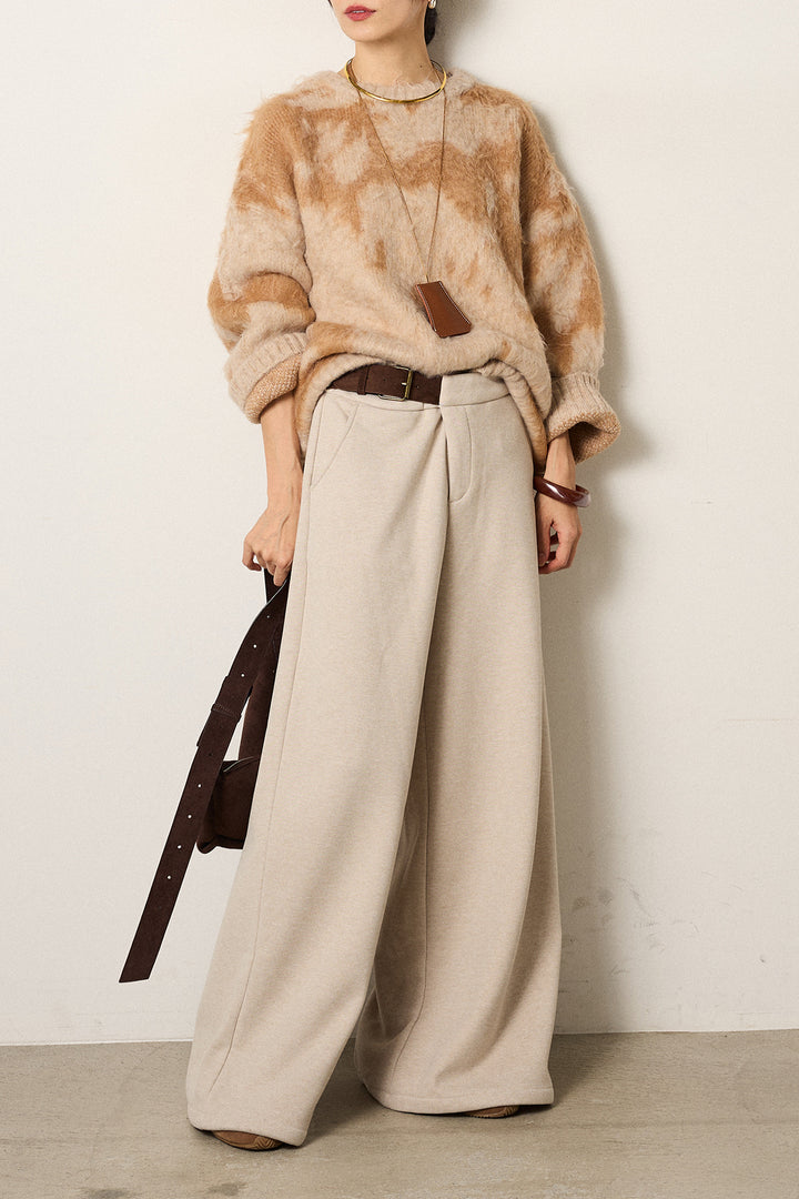 [SET]モヘアタッチマーブルニット+サイドベルトパンツ(2set)