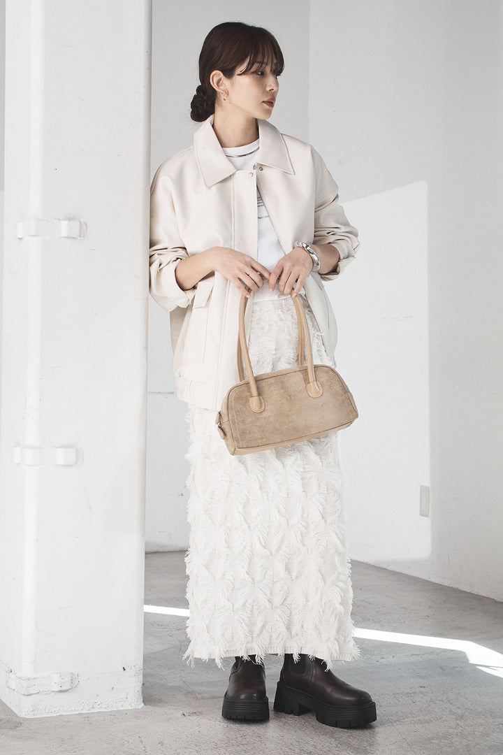 [SET]レザーライクオーバーサイズブルゾン+カットフリンジニットタイトスカート(2set)