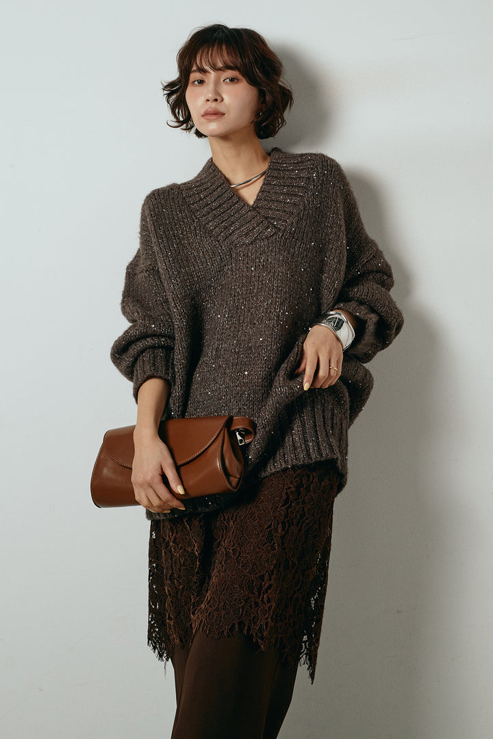 [SET]Vネックラメニットトップス+レース刺繍レイヤードフレアパンツ(2set)