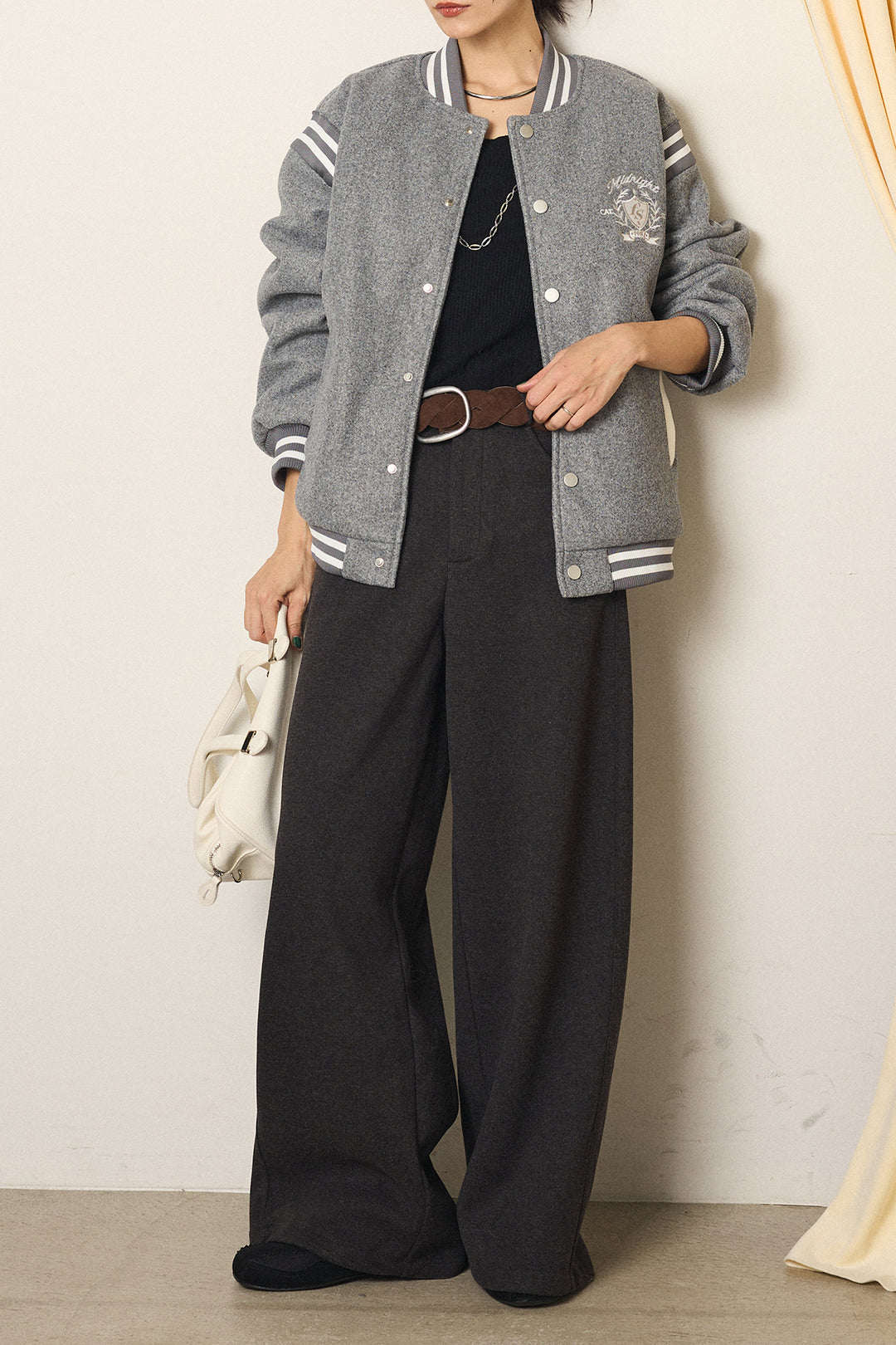[SET]ワンポイントデザインブルゾン+編みベルト付きワイドパンツ(2set)