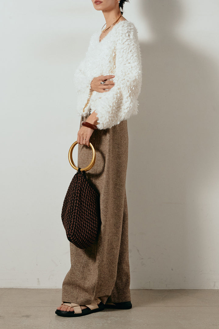 [SET]深Vネックチョウチョヤーンニットトップス+ベルト付きネップツイードカーブパンツ(2set)