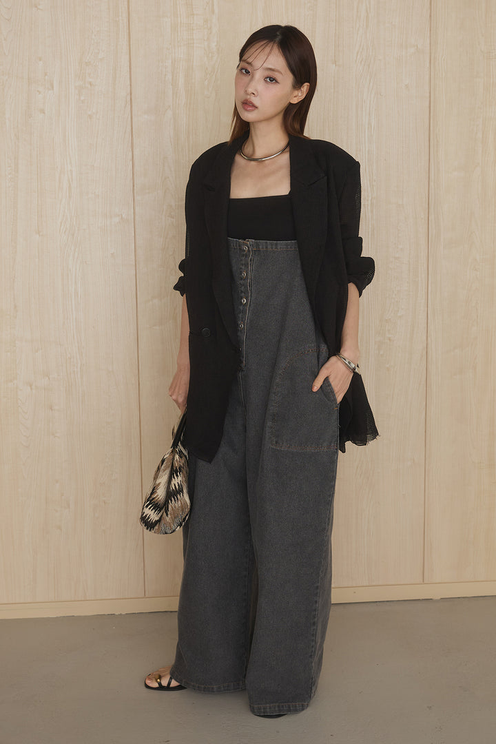 [SET]メッシュテーラードワイドジャケット+フロントボタンデニムサロペット(2set)