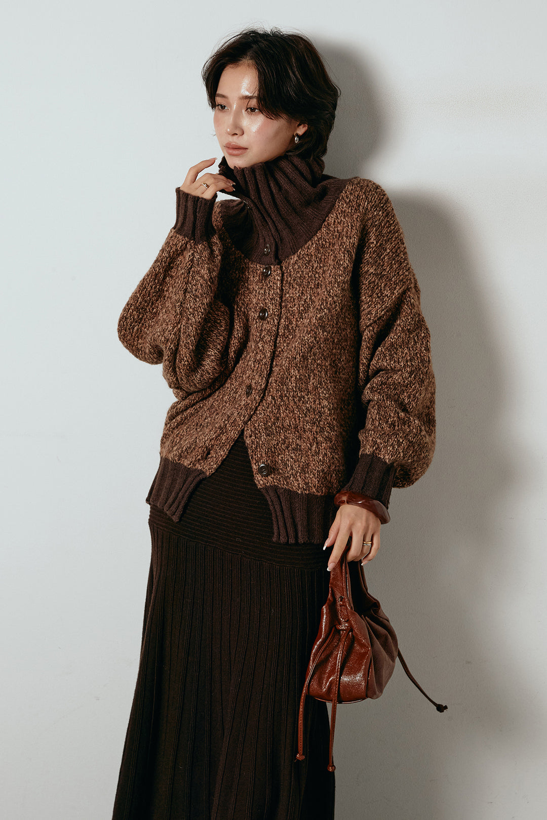 [SET]ハイネックミックスニットカーディガン+編み地切り替えフレアニットスカート(2set)