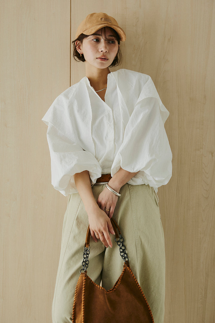 [SET]ケープカラーナイロンブラウス+サイドベルトカーブワイドパンツ(2set)