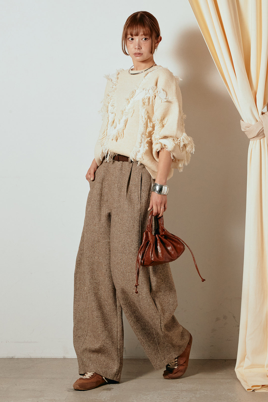 [SET]シャギージャガードニットトップス+ベルト付きネップツイードカーブパンツ(2set)